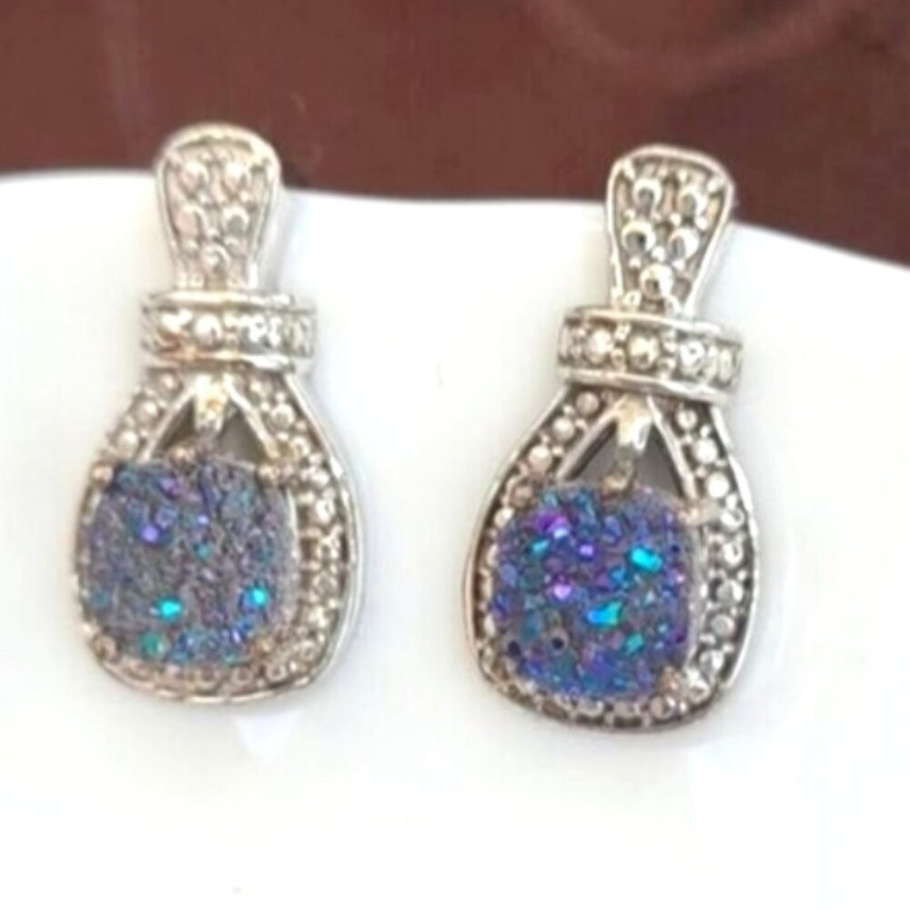Vintage Boho Sterling Silver Blue Purple Geode Druzy Drusy Earrings Unique